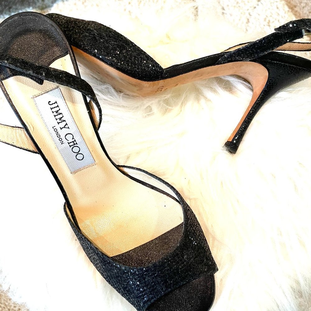 JIMMY CHOO Peep Toe Adjustable Glitter Slingback Pumps